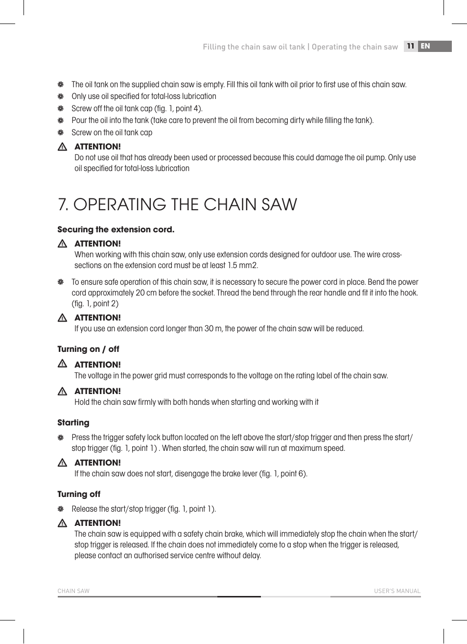 Operating the chain saw | Fieldmann FZP 2000-E User Manual | Page 11 / 120