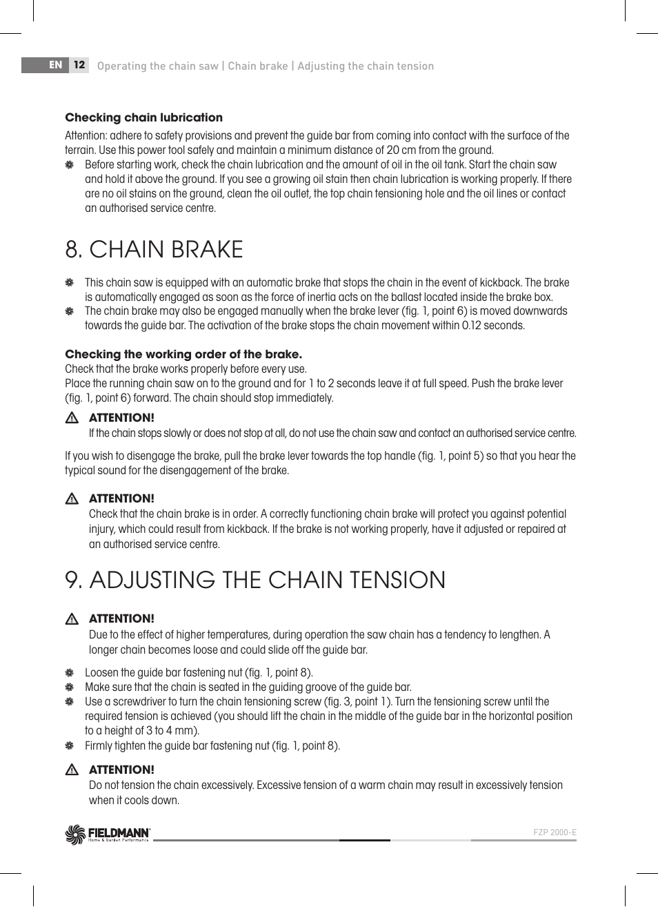 Chain brake, Adjusting the chain tension | Fieldmann FZP 2000-E User Manual | Page 12 / 120