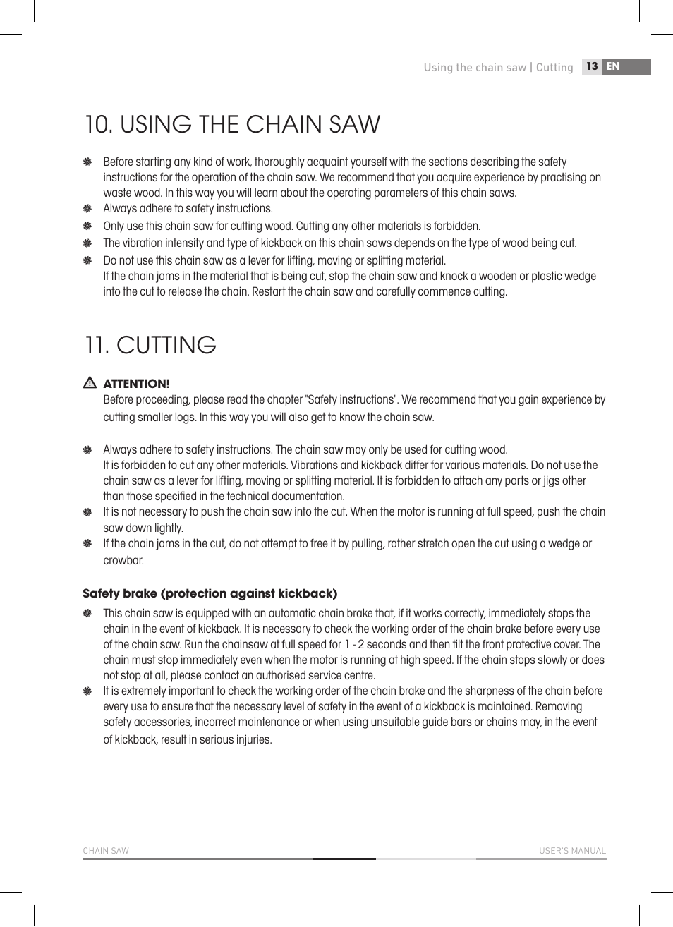 Using the chain saw, Cutting | Fieldmann FZP 2000-E User Manual | Page 13 / 120