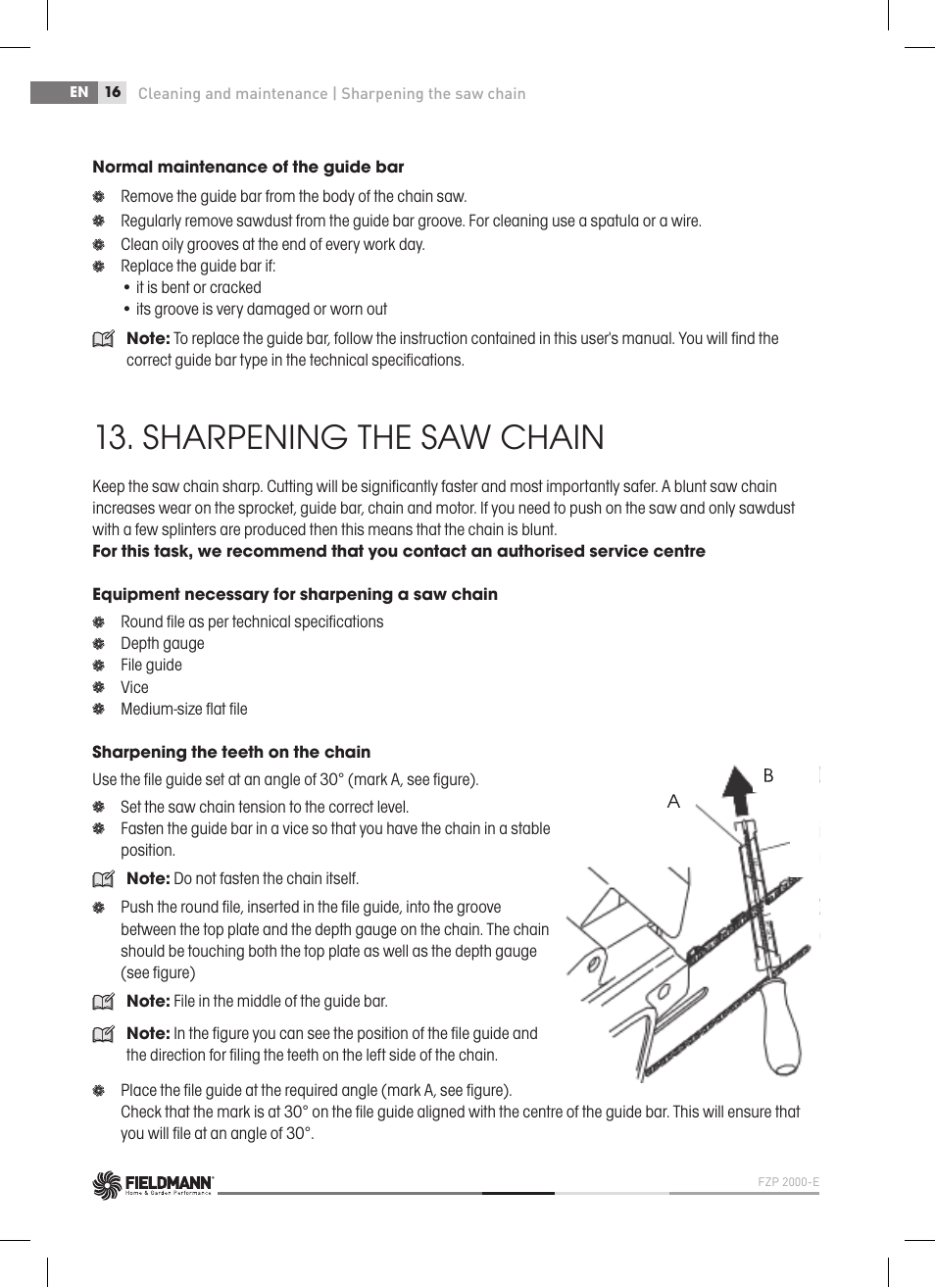 Sharpening the saw chain | Fieldmann FZP 2000-E User Manual | Page 16 / 120