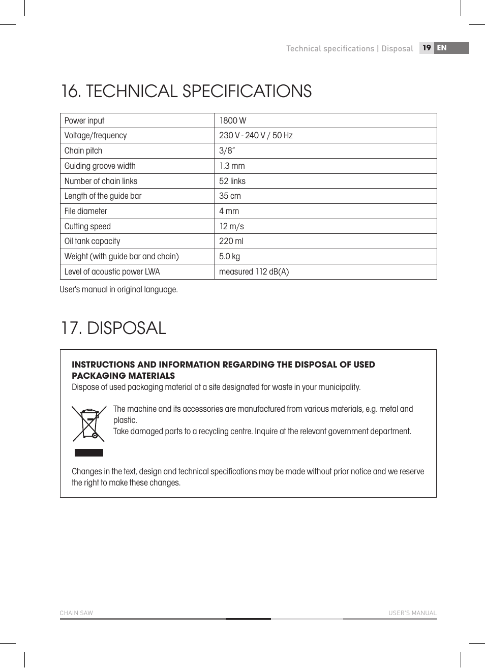 Technical specifications, Disposal | Fieldmann FZP 2000-E User Manual | Page 19 / 120