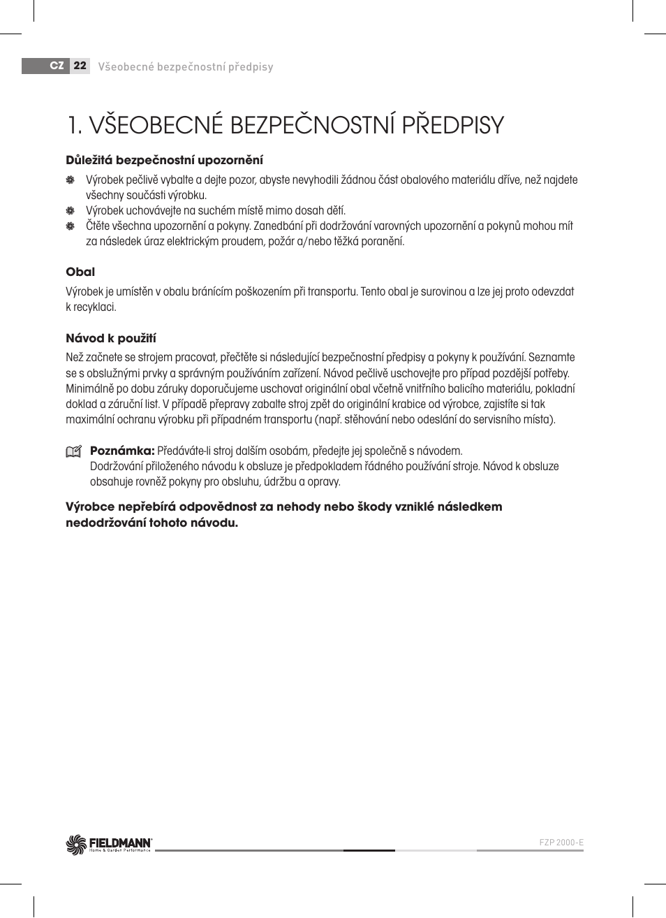 Všeobecné bezpečnostní předpisy | Fieldmann FZP 2000-E User Manual | Page 22 / 120
