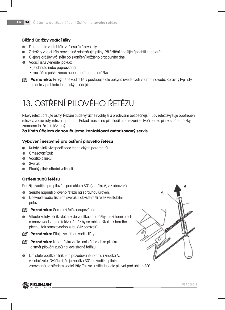 Ostření pilového řetězu | Fieldmann FZP 2000-E User Manual | Page 34 / 120