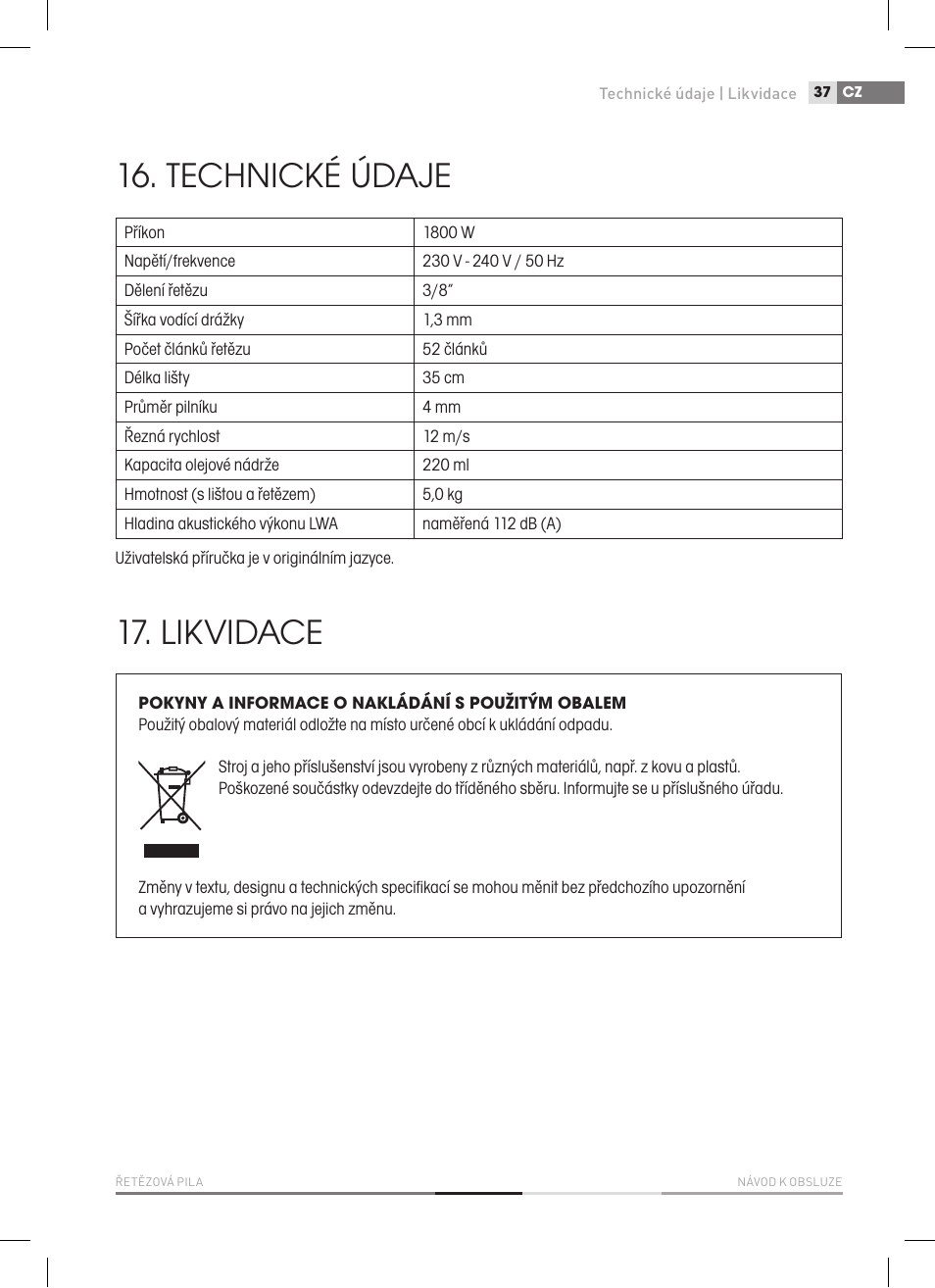 Technické údaje, Likvidace | Fieldmann FZP 2000-E User Manual | Page 37 / 120