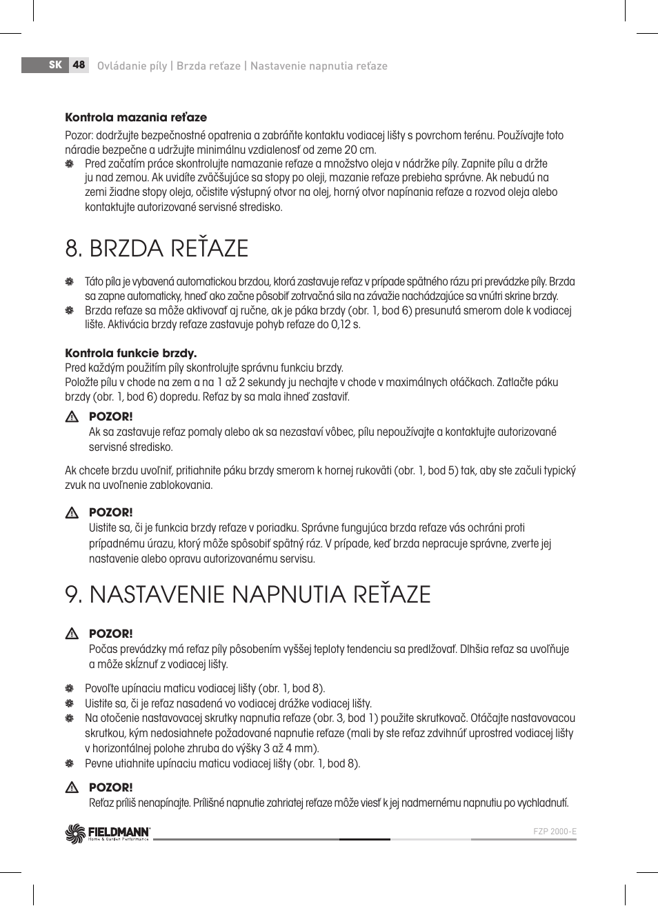Brzda reťaze, Nastavenie napnutia reťaze | Fieldmann FZP 2000-E User Manual | Page 48 / 120
