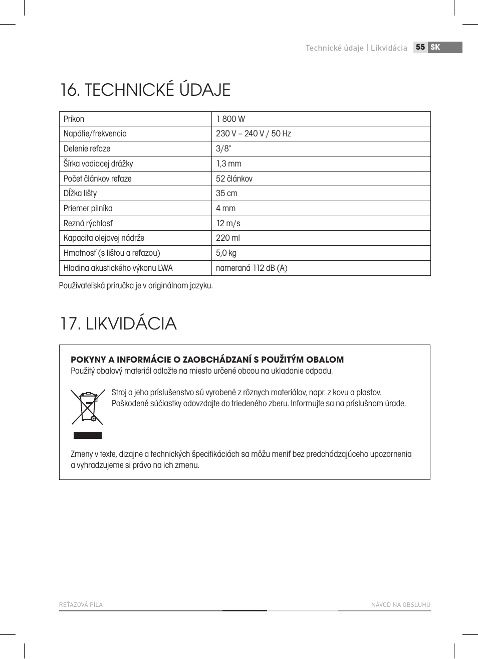 Technické údaje, Likvidácia | Fieldmann FZP 2000-E User Manual | Page 55 / 120