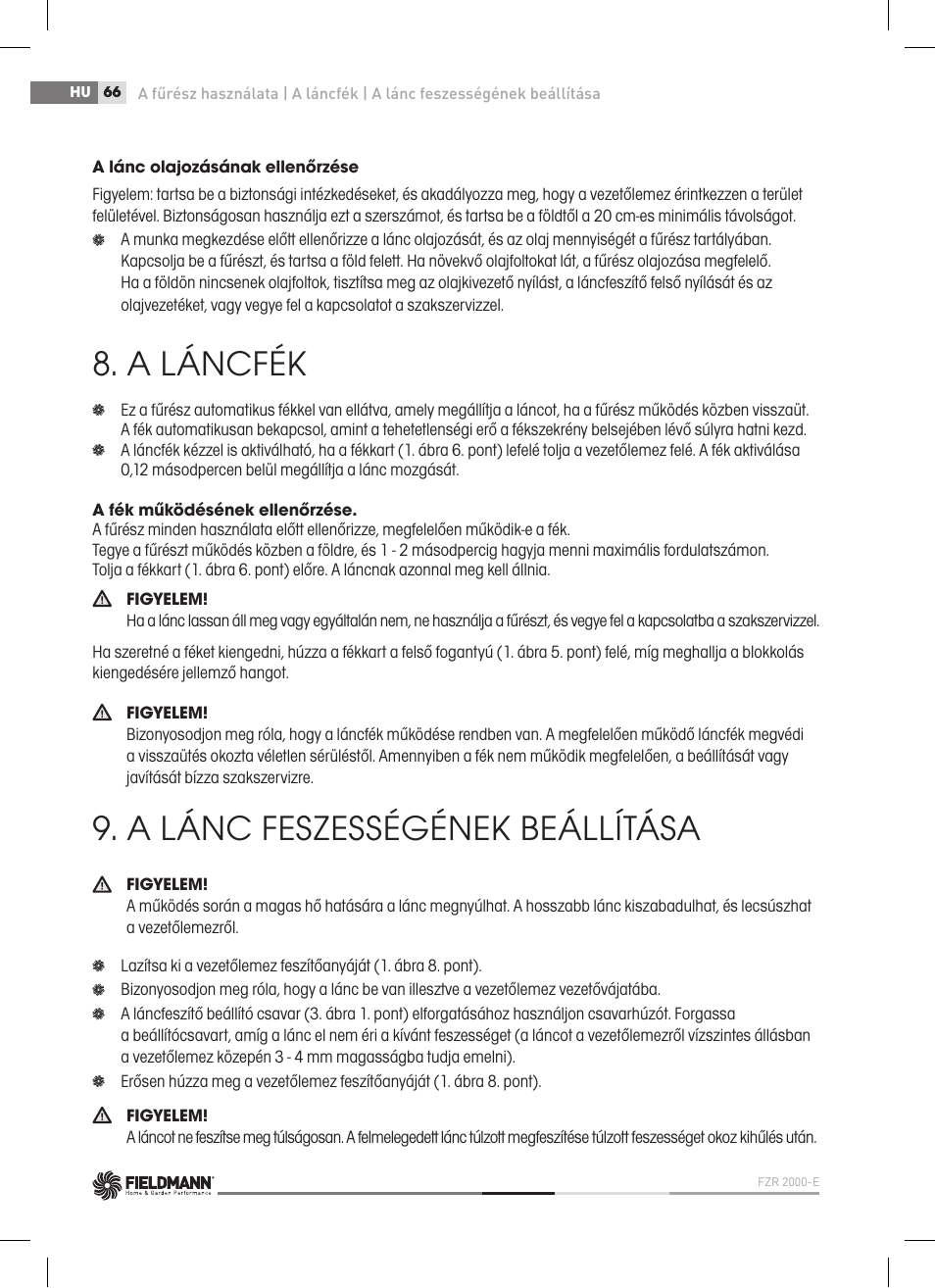 A láncfék, A lánc feszességének beállítása | Fieldmann FZP 2000-E User Manual | Page 66 / 120
