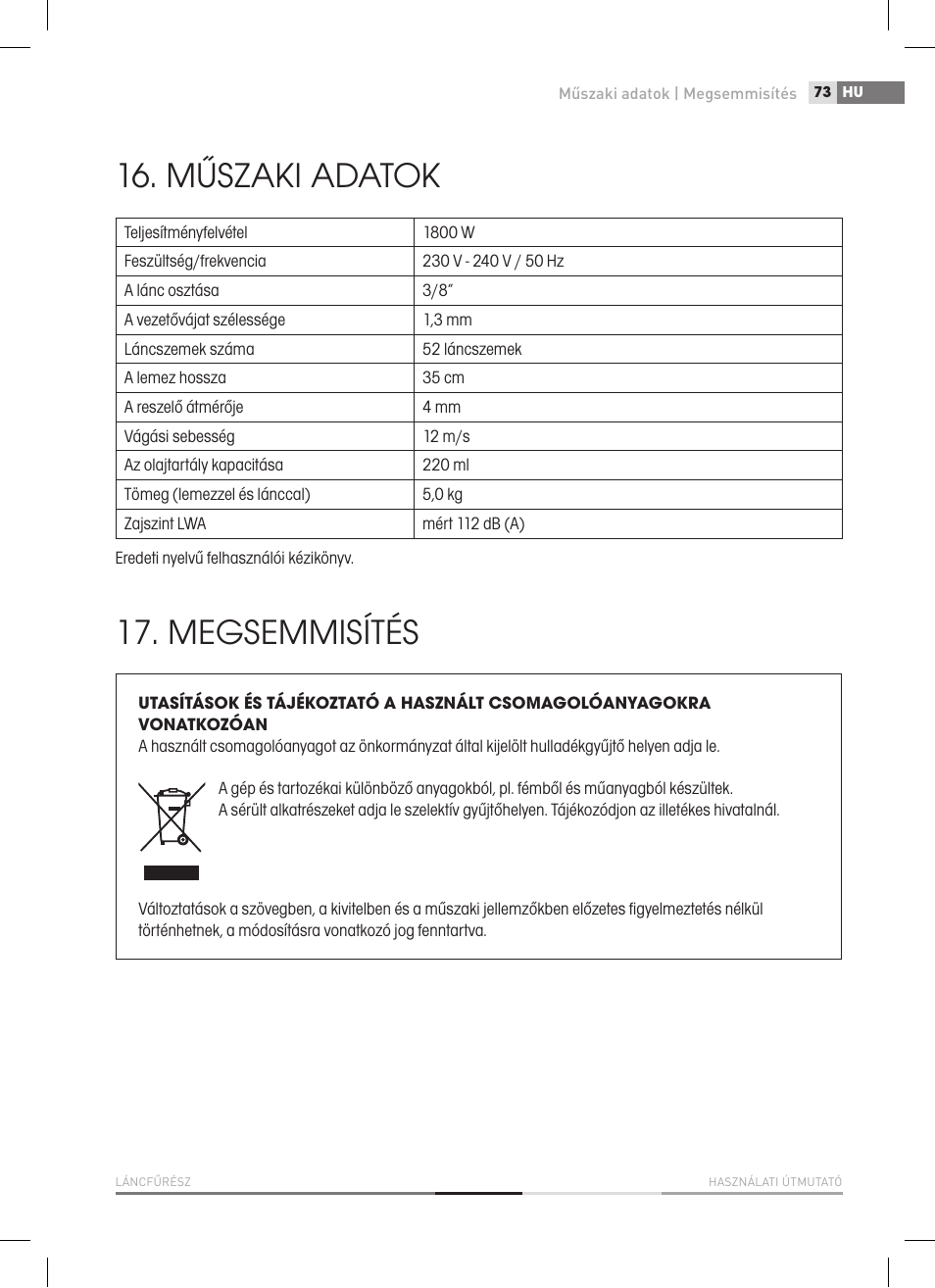 Műszaki adatok, Megsemmisítés | Fieldmann FZP 2000-E User Manual | Page 73 / 120