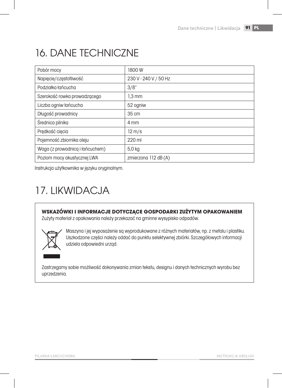 Dane techniczne, Likwidacja | Fieldmann FZP 2000-E User Manual | Page 91 / 120