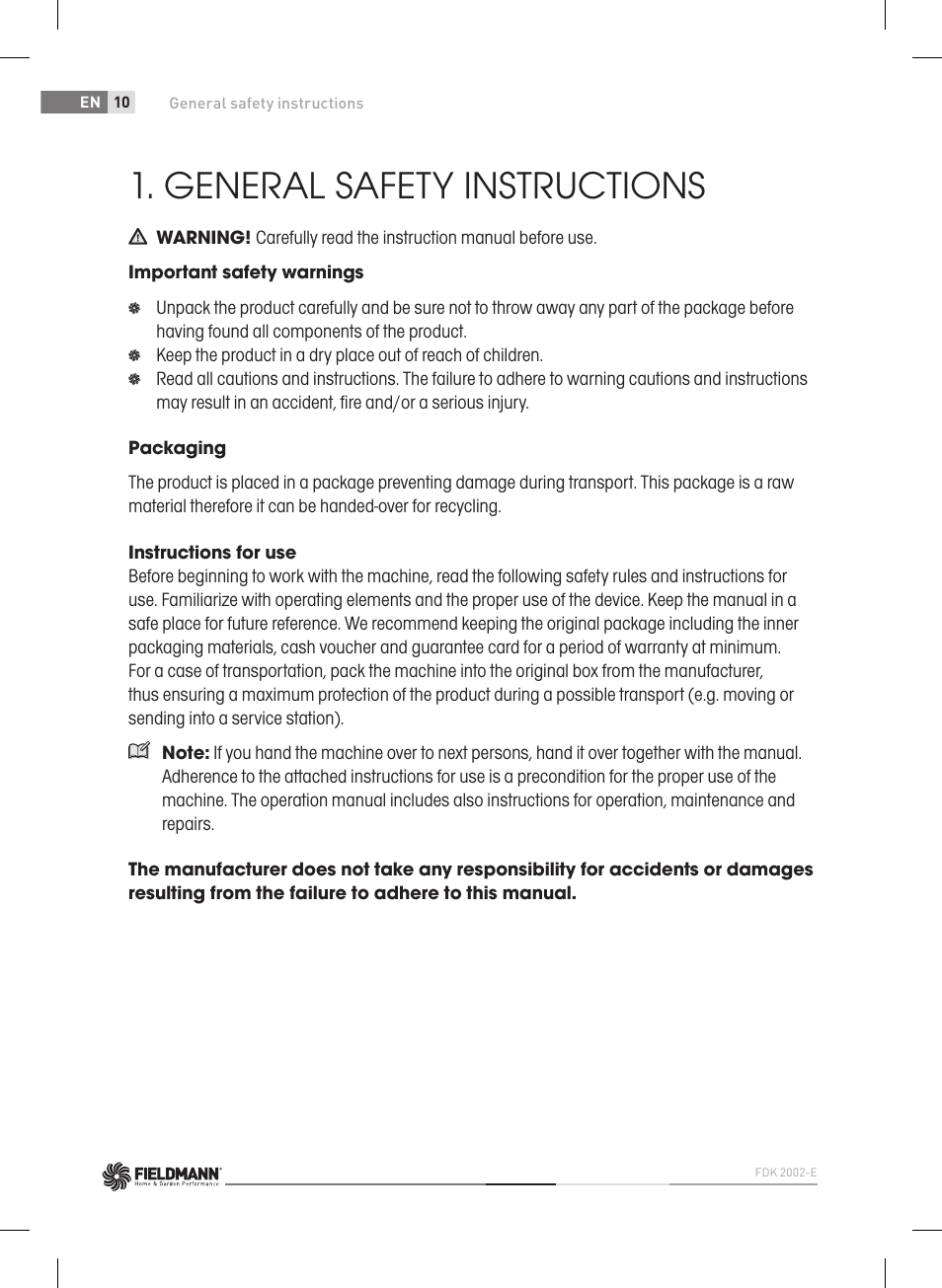 General safety instructions | Fieldmann FDK 2002-E User Manual | Page 10 / 122