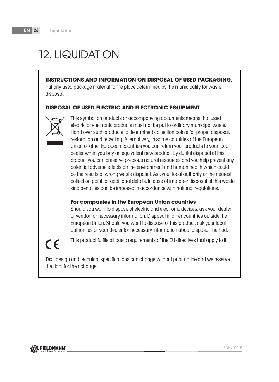 Liquidation | Fieldmann FDK 2002-E User Manual | Page 26 / 122