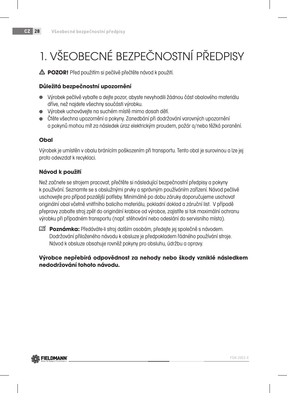 Všeobecné bezpečnostní předpisy | Fieldmann FDK 2002-E User Manual | Page 28 / 122