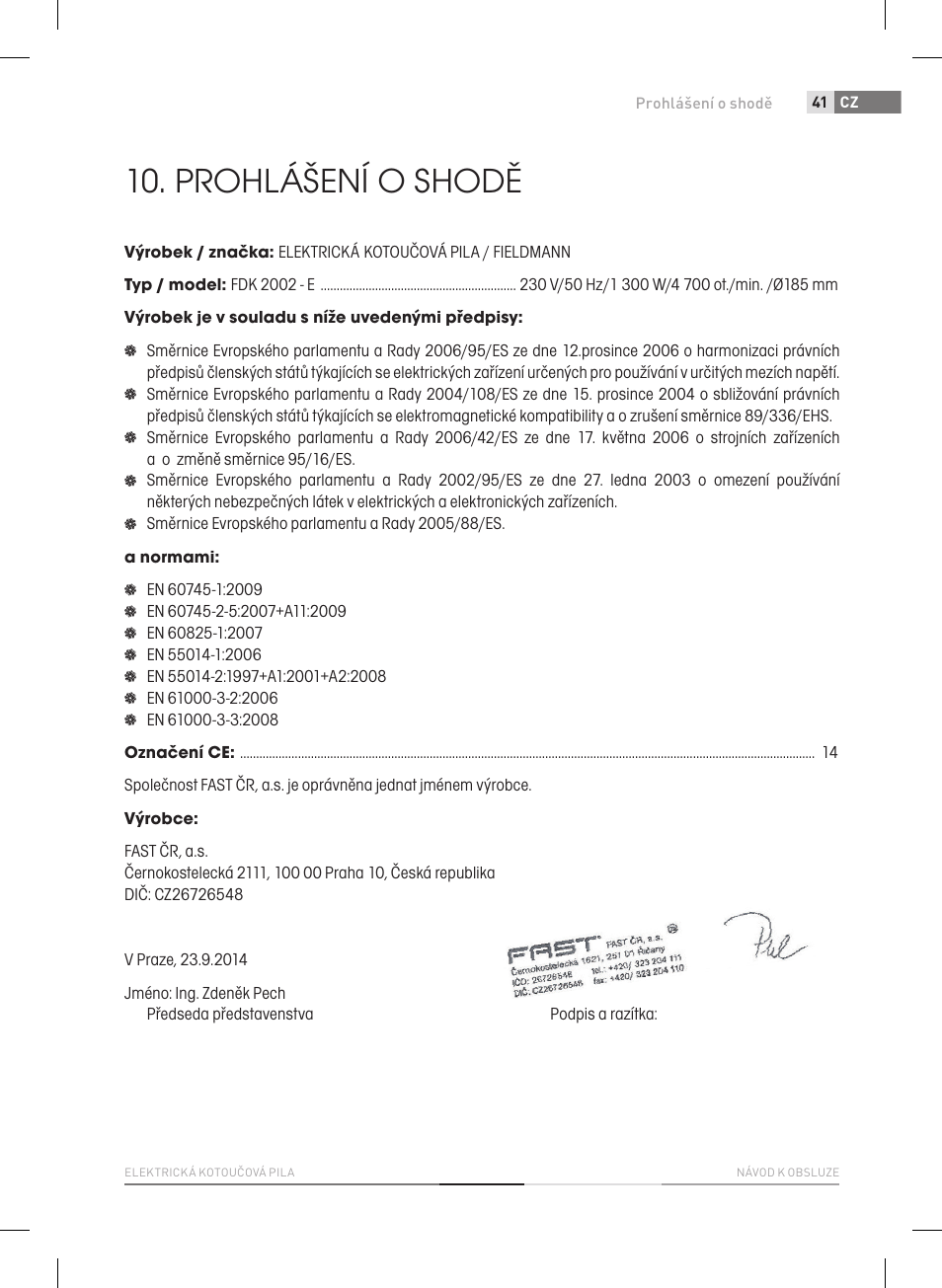 Prohlášení o shodě | Fieldmann FDK 2002-E User Manual | Page 41 / 122