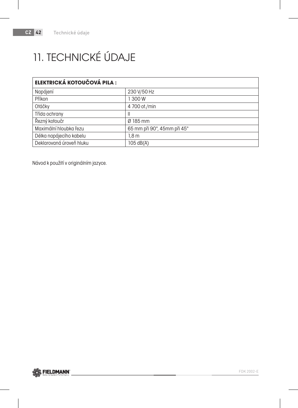 Technické údaje | Fieldmann FDK 2002-E User Manual | Page 42 / 122