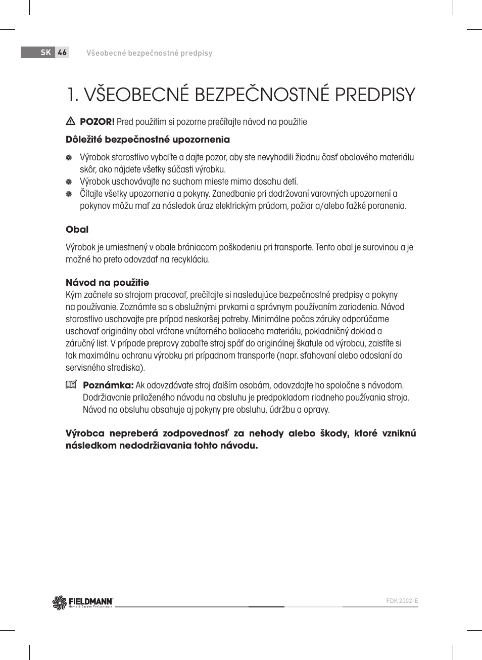 Všeobecné bezpečnostné predpisy | Fieldmann FDK 2002-E User Manual | Page 46 / 122