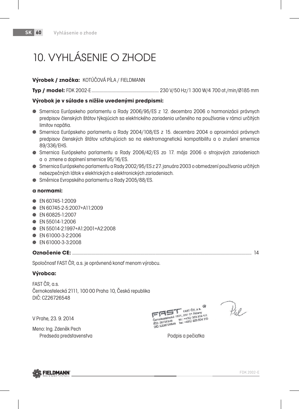 Vyhlásenie o zhode | Fieldmann FDK 2002-E User Manual | Page 60 / 122
