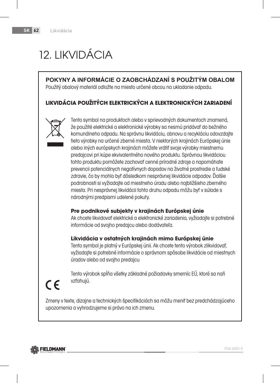 Likvidácia | Fieldmann FDK 2002-E User Manual | Page 62 / 122
