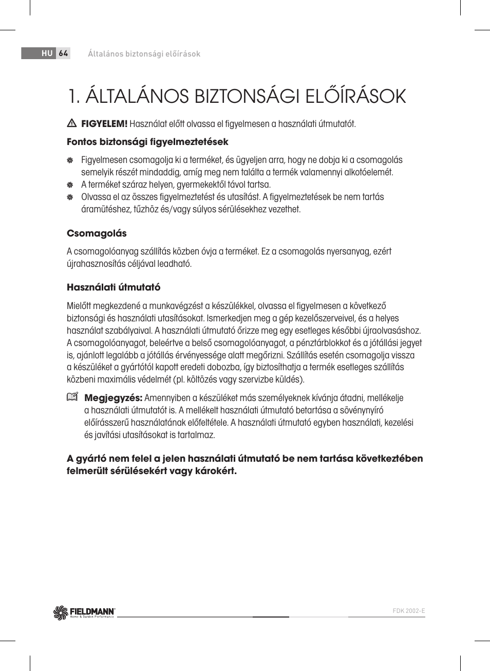 Általános biztonsági előírások | Fieldmann FDK 2002-E User Manual | Page 64 / 122