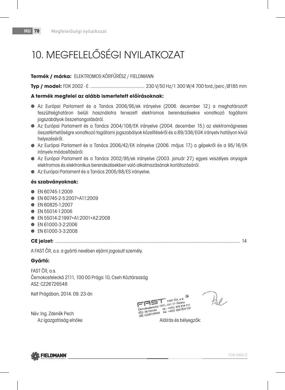 Megfelelőségi nyilatkozat | Fieldmann FDK 2002-E User Manual | Page 78 / 122