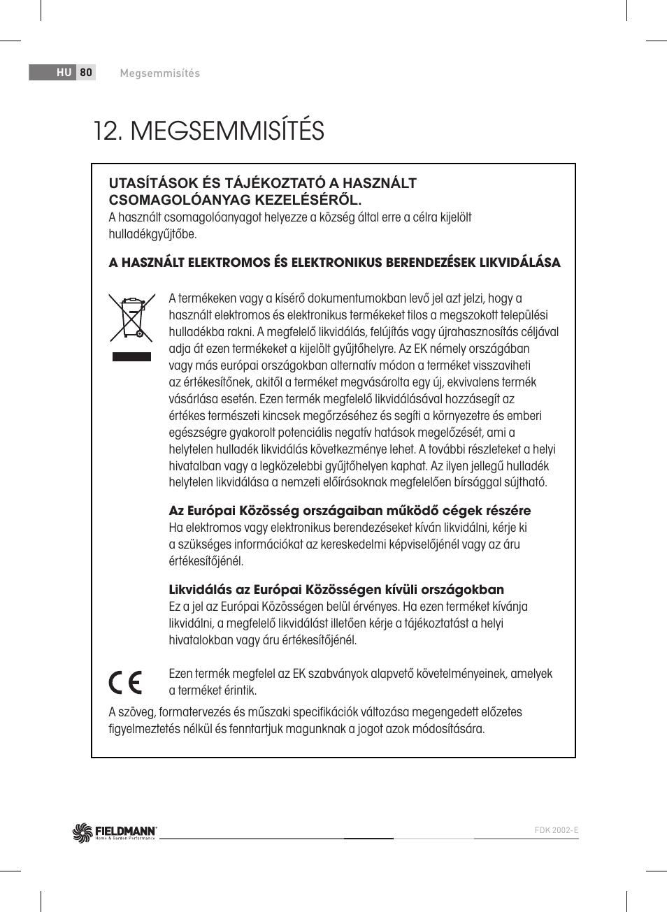 Megsemmisítés | Fieldmann FDK 2002-E User Manual | Page 80 / 122