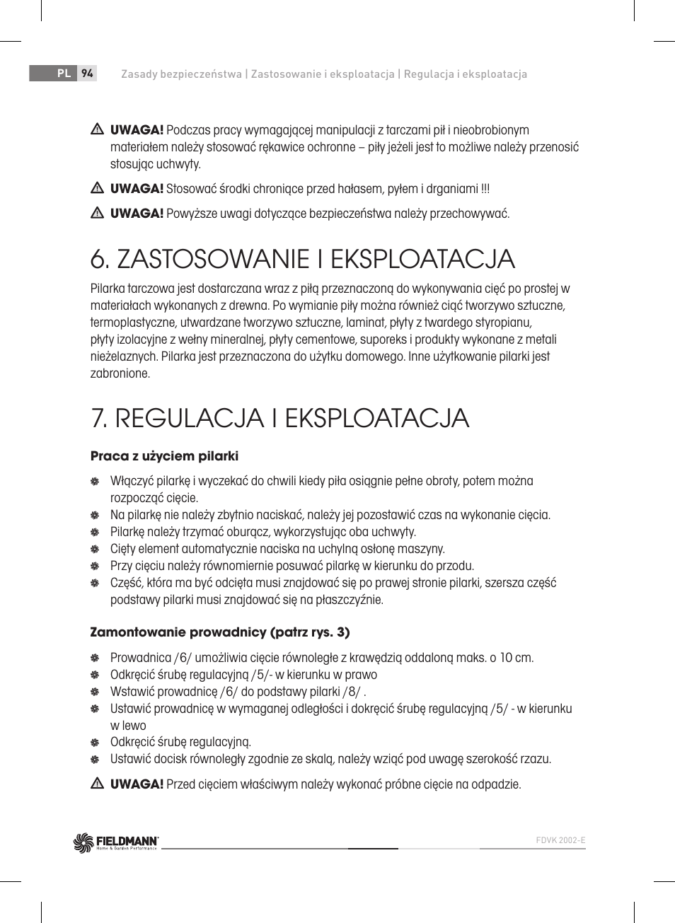 Zastosowanie i eksploatacja, Regulacja i eksploatacja | Fieldmann FDK 2002-E User Manual | Page 94 / 122
