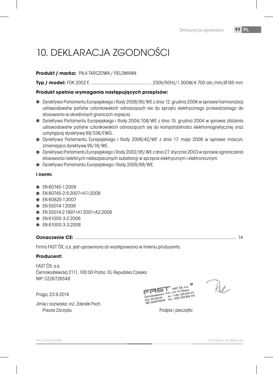 Deklaracja zgodności | Fieldmann FDK 2002-E User Manual | Page 97 / 122