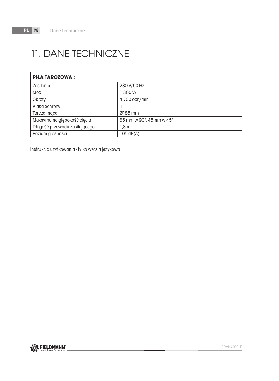 Dane techniczne | Fieldmann FDK 2002-E User Manual | Page 98 / 122