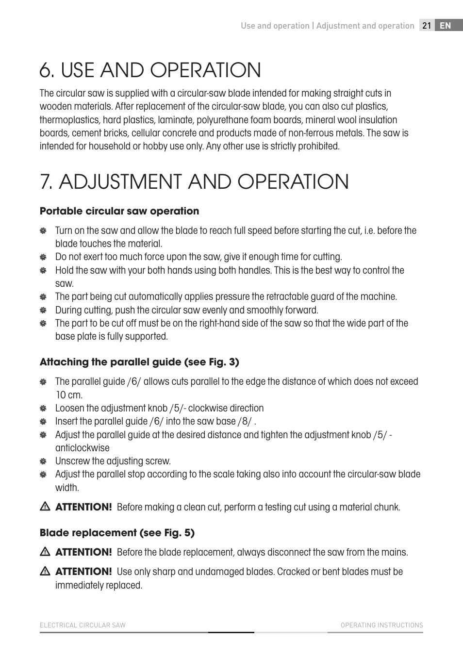 Use and operation, Adjustment and operation | Fieldmann FDK 2001-E User Manual | Page 21 / 122