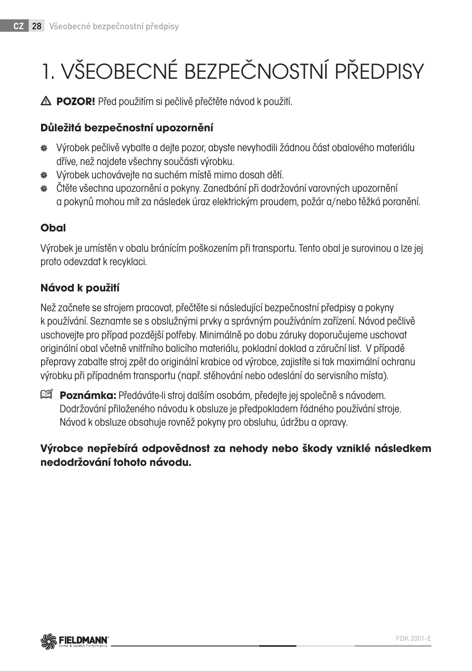 Všeobecné bezpečnostní předpisy | Fieldmann FDK 2001-E User Manual | Page 28 / 122