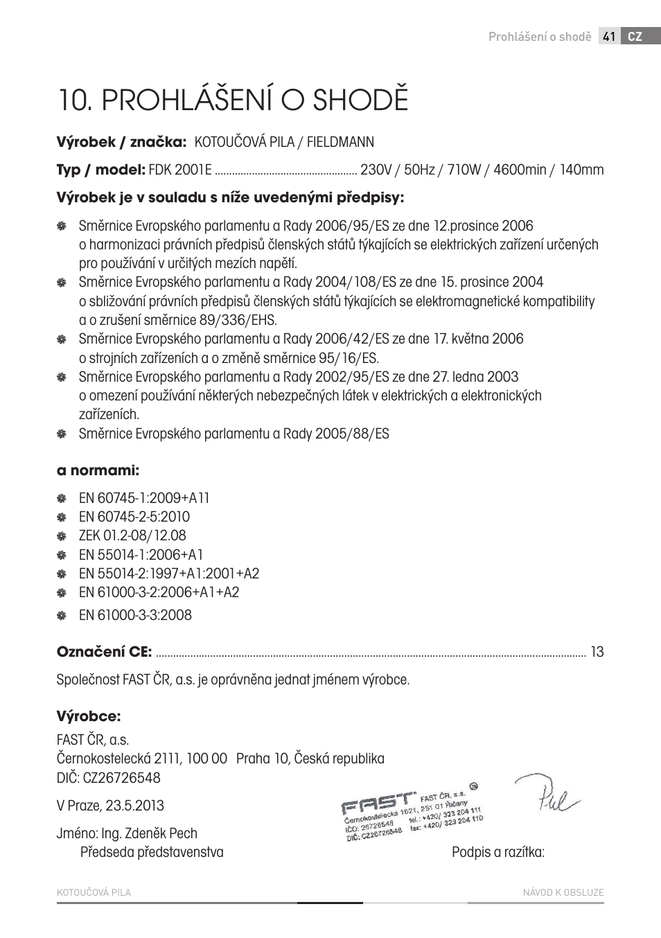 Prohlášení o shodě | Fieldmann FDK 2001-E User Manual | Page 41 / 122