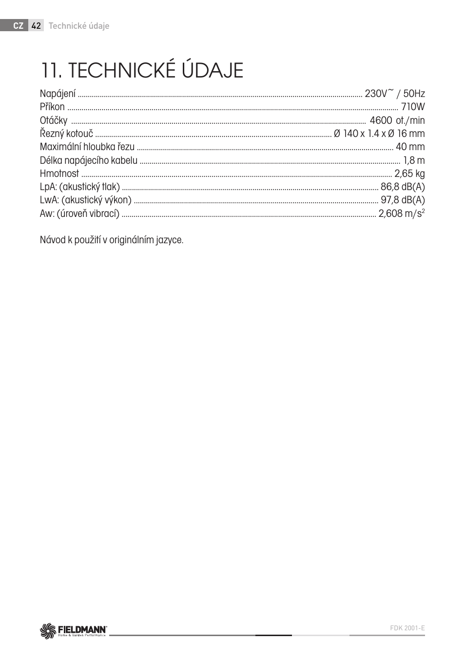 Technické údaje | Fieldmann FDK 2001-E User Manual | Page 42 / 122