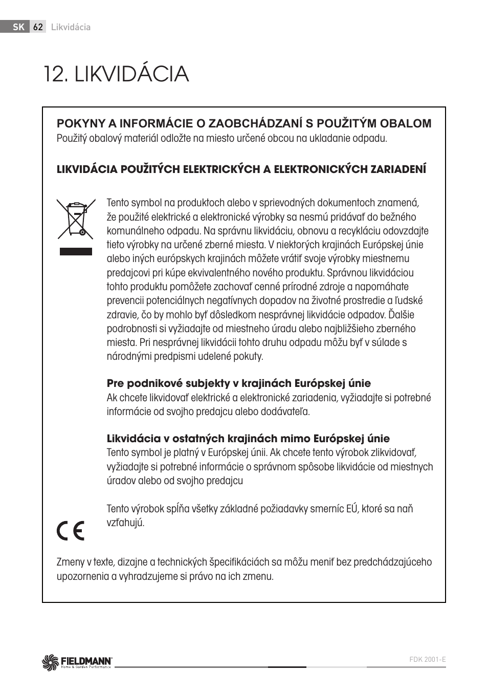 Likvidácia | Fieldmann FDK 2001-E User Manual | Page 62 / 122