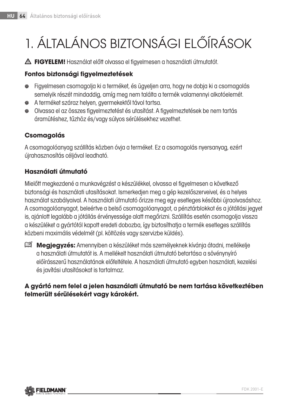 Általános biztonsági előírások | Fieldmann FDK 2001-E User Manual | Page 64 / 122