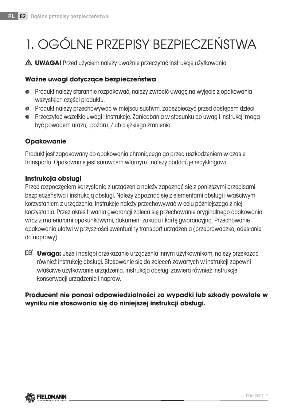 Ogólne przepisy bezpieczeństwa | Fieldmann FDK 2001-E User Manual | Page 82 / 122