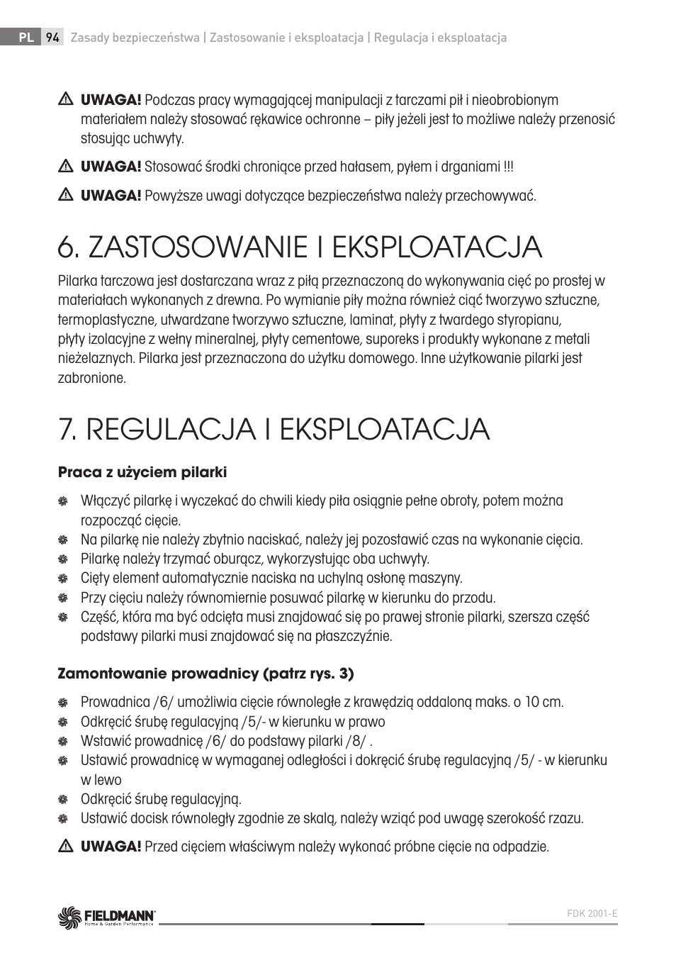 Zastosowanie i eksploatacja, Regulacja i eksploatacja | Fieldmann FDK 2001-E User Manual | Page 94 / 122