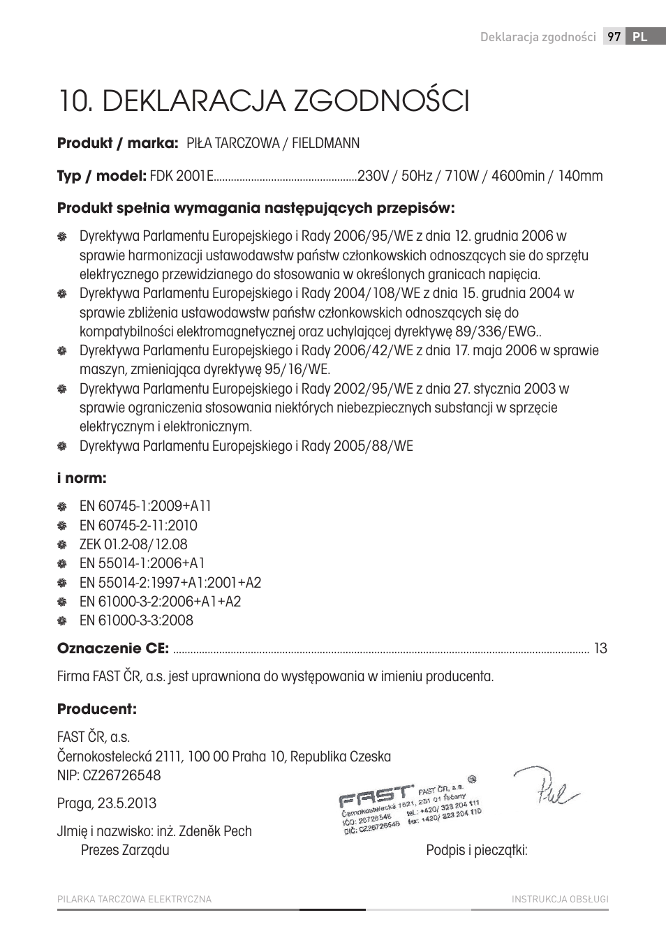 Deklaracja zgodności | Fieldmann FDK 2001-E User Manual | Page 97 / 122