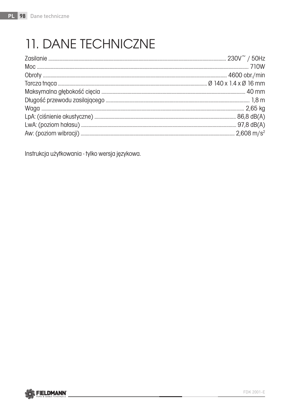 Dane techniczne | Fieldmann FDK 2001-E User Manual | Page 98 / 122