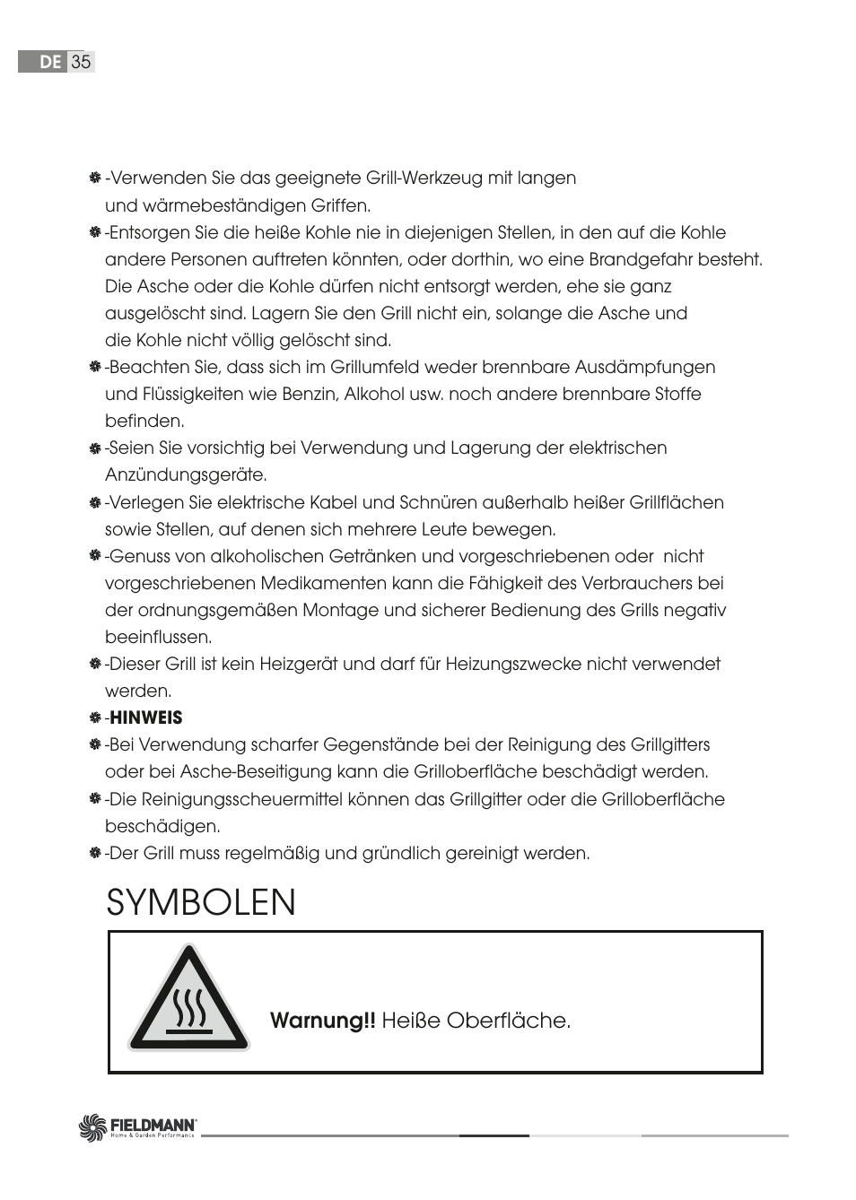 Symbolen, Warnung!! heiße oberﬂäche | Fieldmann FZG 1006 User Manual | Page 35 / 58