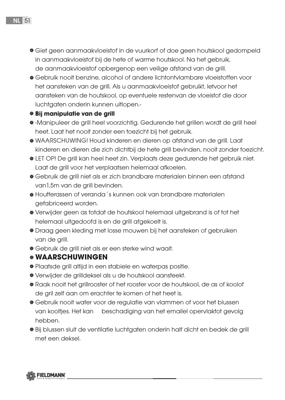 Waarschuwingen | Fieldmann FZG 1006 User Manual | Page 51 / 58