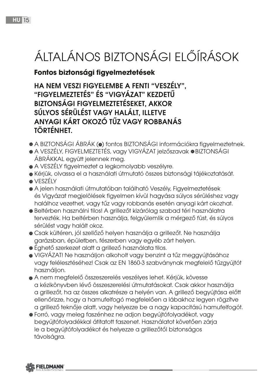 Általános biztonsági előírások | Fieldmann FZG 1005 User Manual | Page 15 / 56