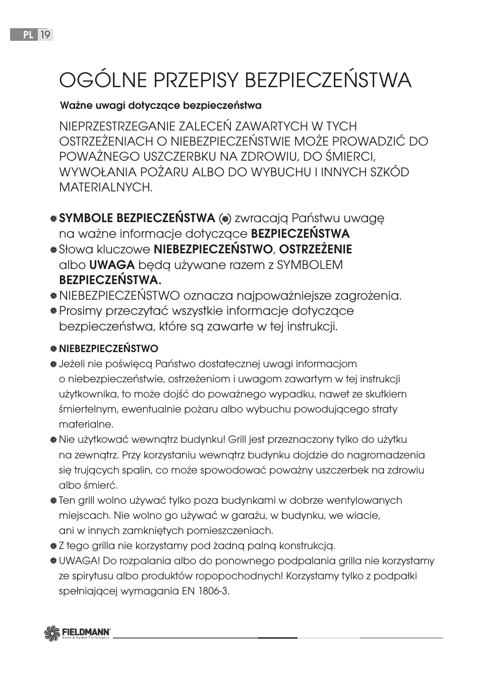 Ogólne przepisy bezpieczeństwa | Fieldmann FZG 1004 User Manual | Page 19 / 60