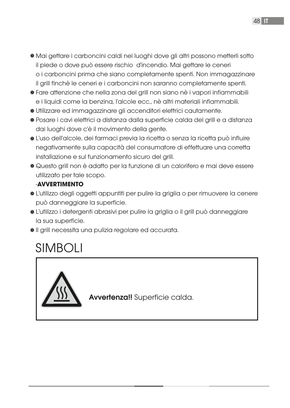 Simboli, Avvertenza!! superﬁcie calda | Fieldmann FZG 1003 User Manual | Page 48 / 54