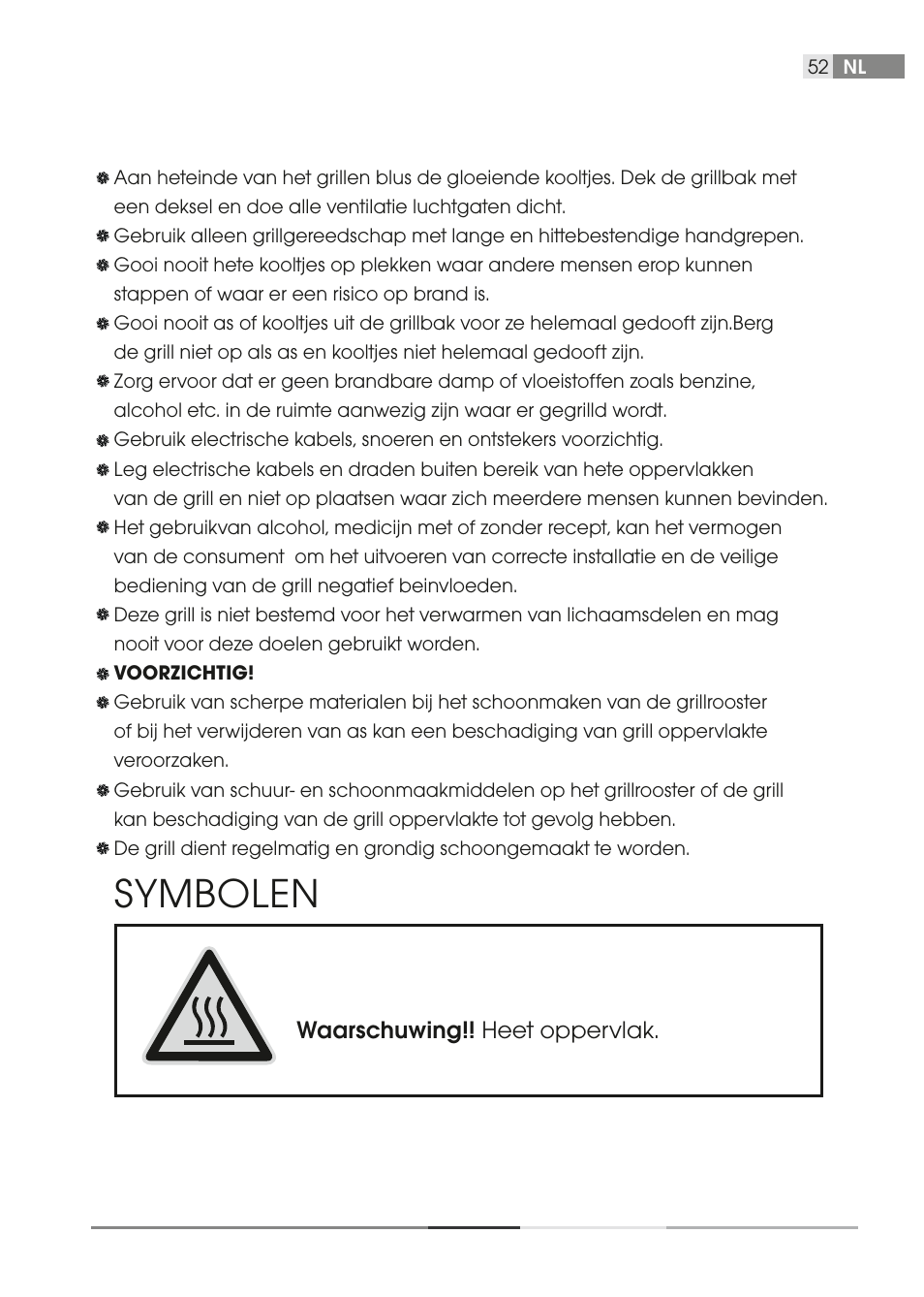 Symbolen, Waarschuwing!! heet oppervlak | Fieldmann FZG 1003 User Manual | Page 52 / 54