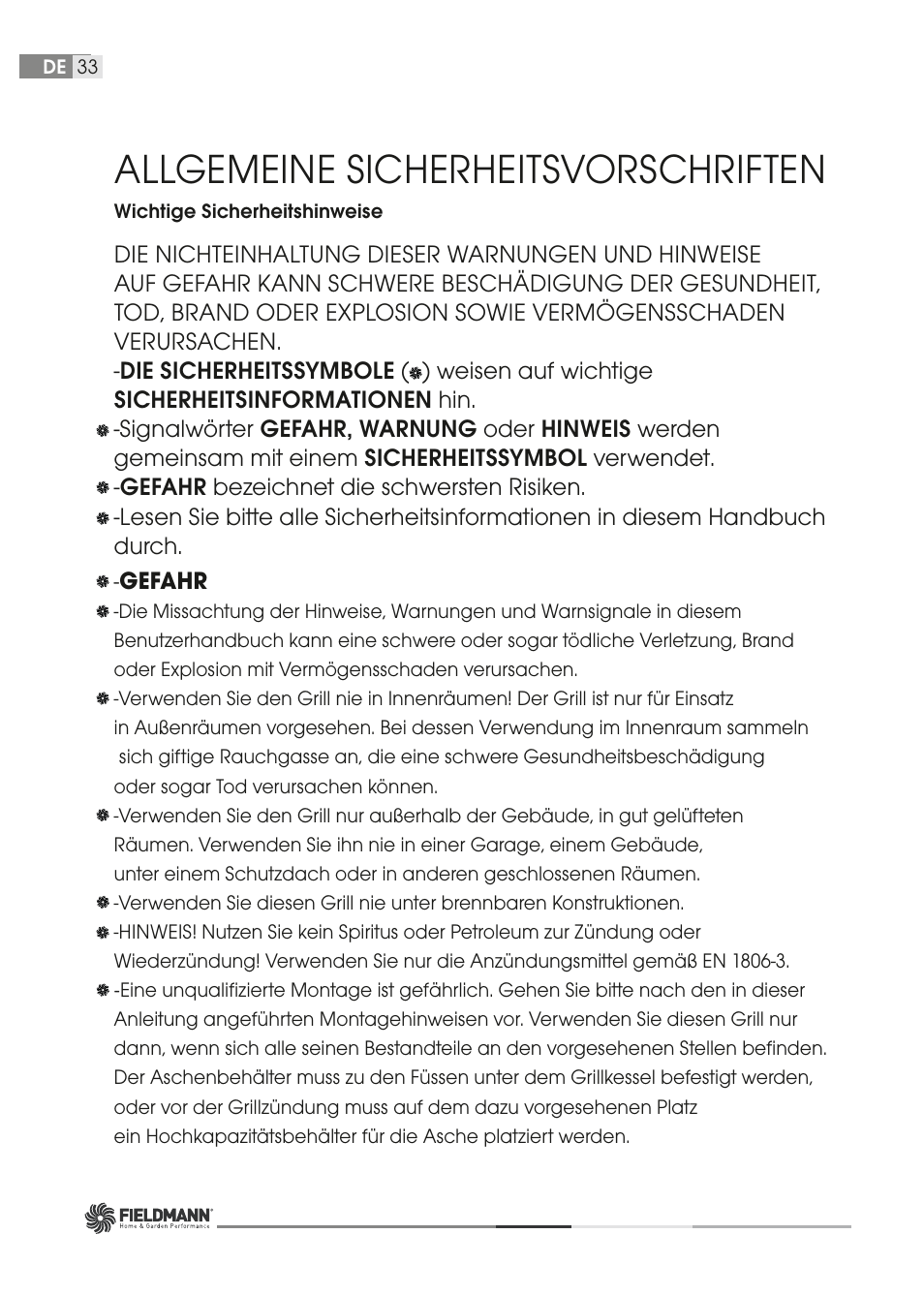 Allgemeine sicherheitsvorschriften | Fieldmann FZG 1001 User Manual | Page 33 / 54