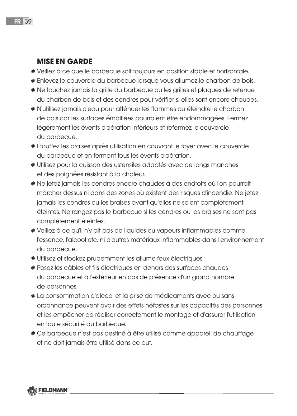 Mise en garde | Fieldmann FZG 1001 User Manual | Page 39 / 54