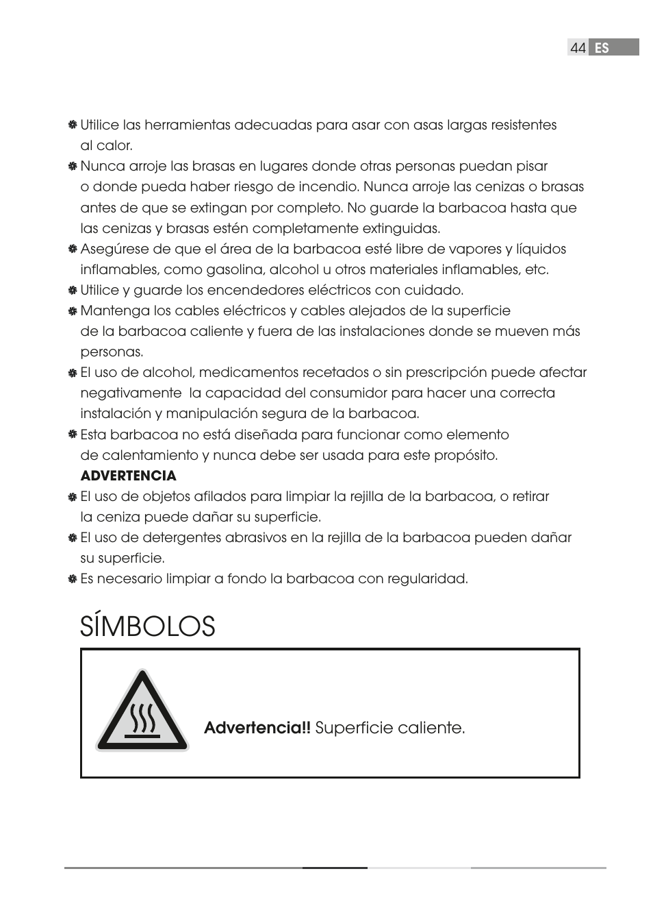 Símbolos, Advertencia!! superﬁcie caliente | Fieldmann FZG 1000G User Manual | Page 44 / 56