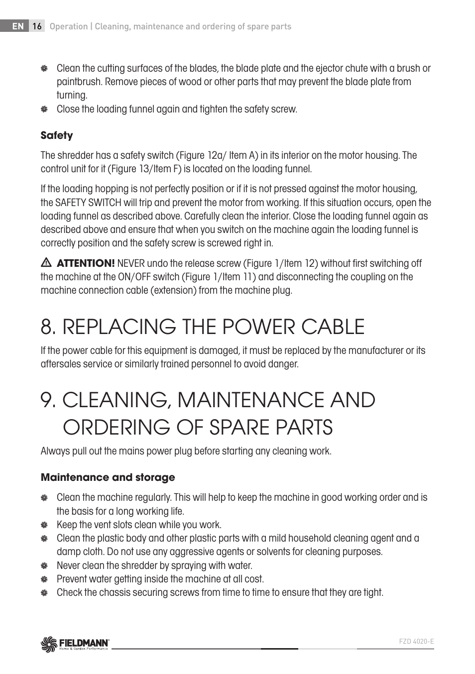 Replacing the power cable, Cleaning, maintenance and ordering of spare parts | Fieldmann FZD 4020-E User Manual | Page 16 / 82