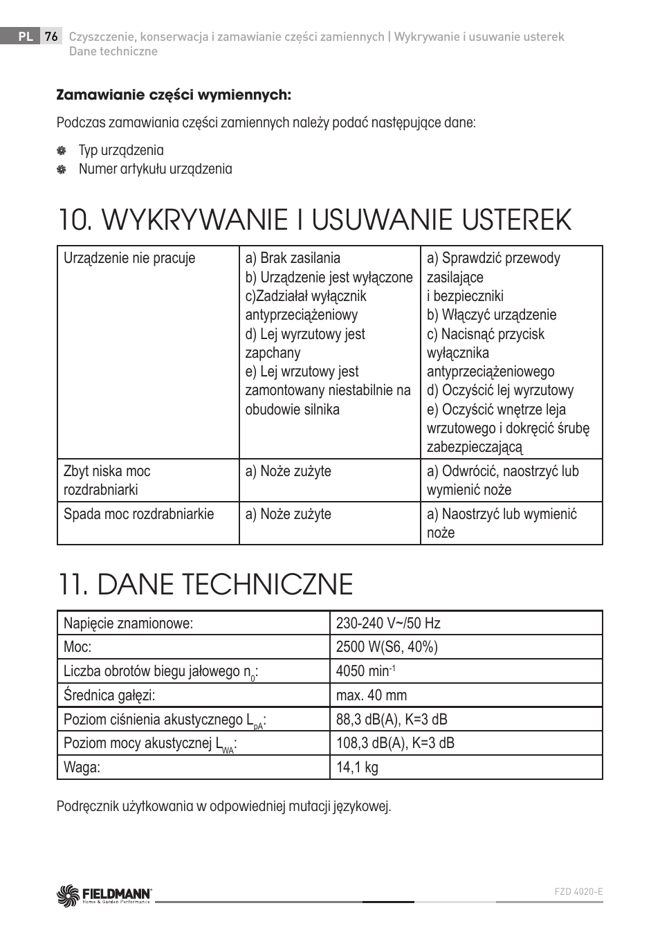 Wykrywanie i usuwanie usterek, Dane techniczne | Fieldmann FZD 4020-E User Manual | Page 76 / 82