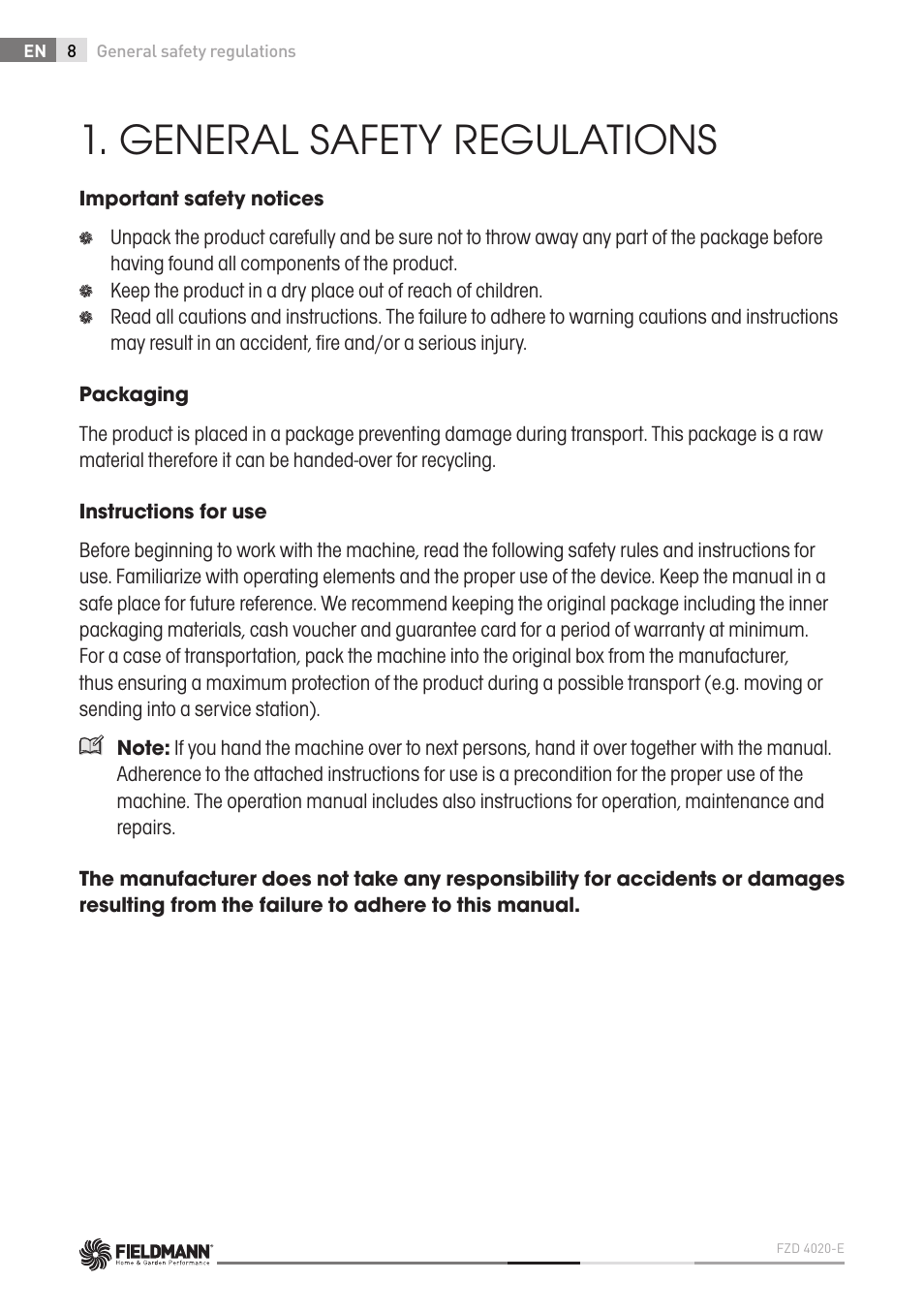General safety regulations | Fieldmann FZD 4020-E User Manual | Page 8 / 82