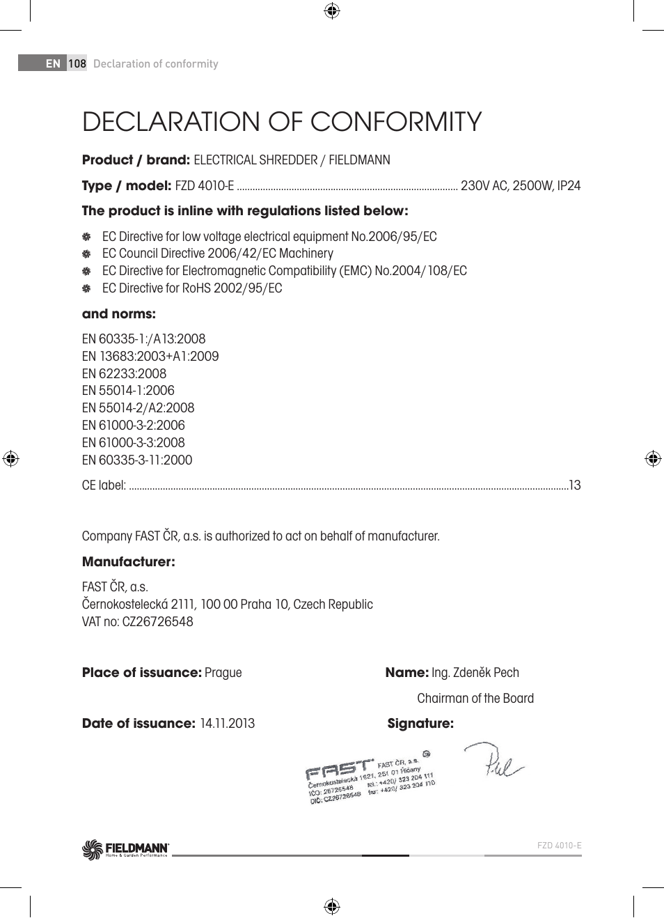 Declaration of conformity | Fieldmann FZD 4010-E User Manual | Page 108 / 116